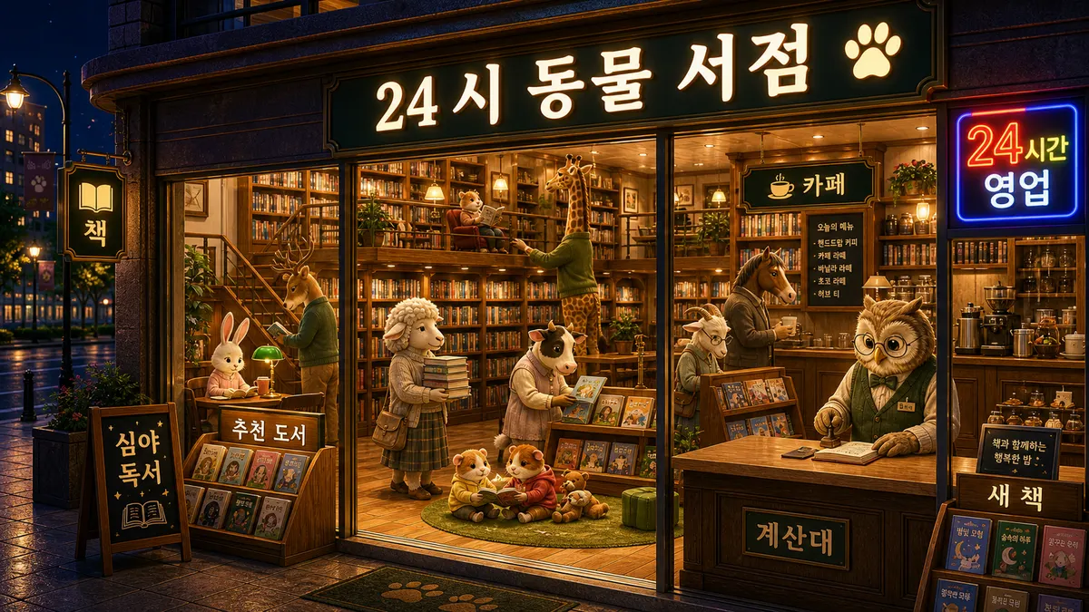 深夜书店亮着二十四小时灯牌，门前摆着绿色阅读台灯与推荐书架